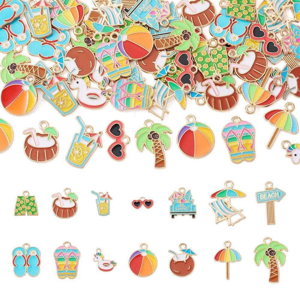 3053 56Pcs Summer Beach Theme Enamel Charms Coconut Tree Flip Flops